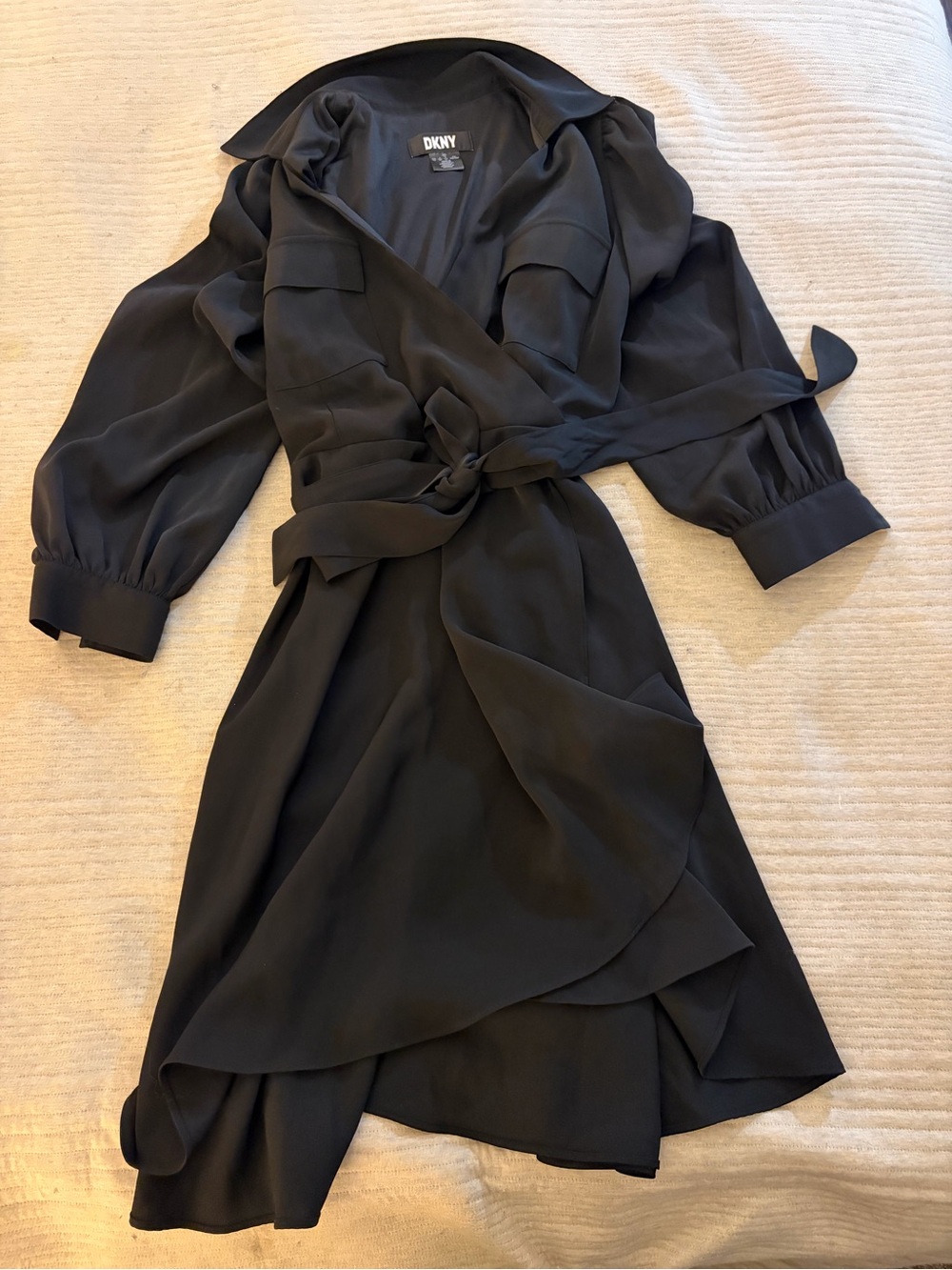 DKNY Wrap Front Long Sleeve Mini Dress Black Tie Waist Collared Size 12 - Picture 3 of 4